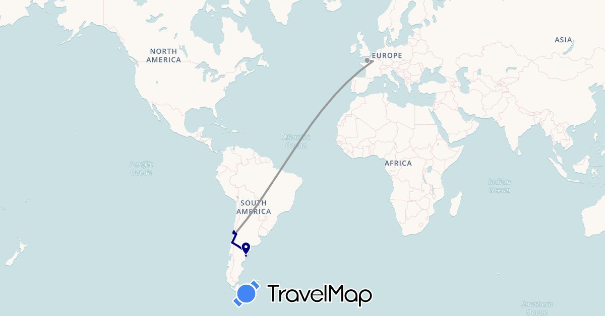 TravelMap itinerary: driving, plane in Argentina, Chile, France (Europe, South America)